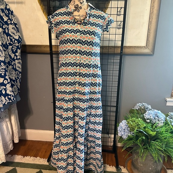 Blue and White Chevron Midi Dress - Picture 4 of 11